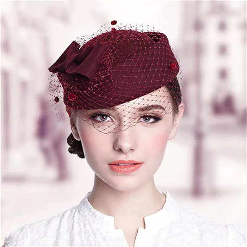 

Australian Hat Bride Elegant Wool Gauze Bow Airline Stewardess White Women's Fedora Caps Formal Lady Hat Royal Style Dome Chapeu