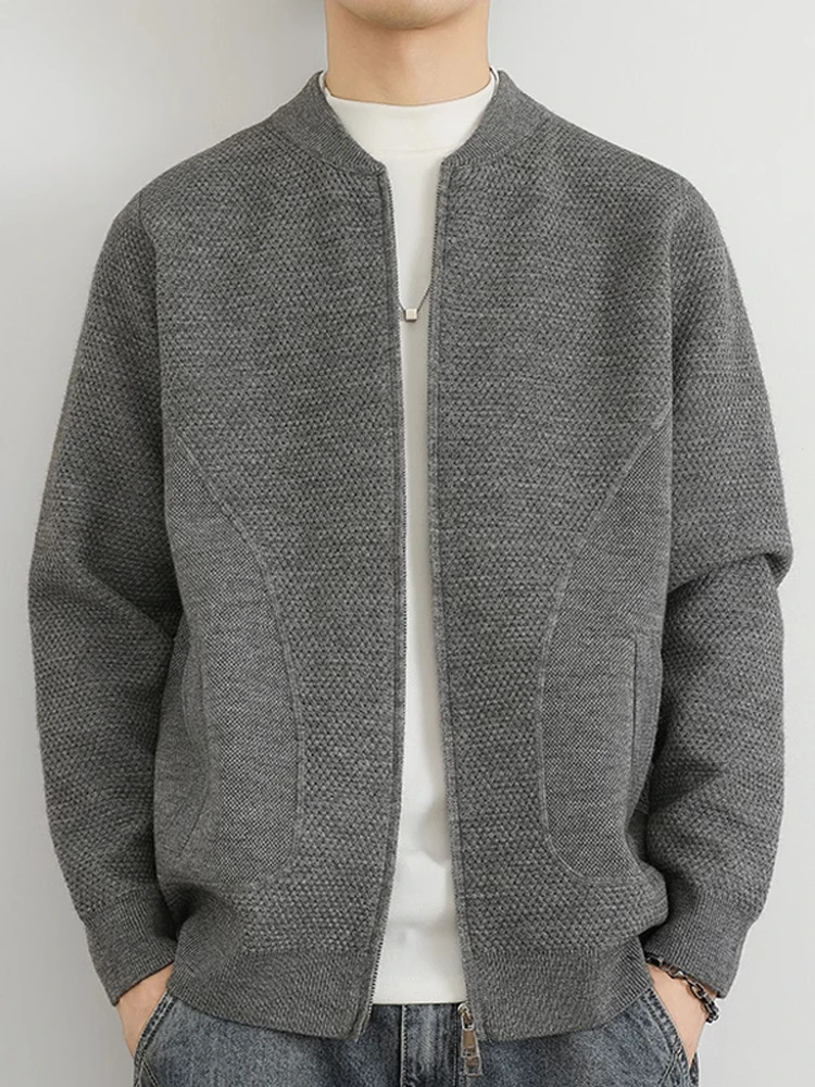 

Мужской вязаный кардиган на молнии с воротником-стойкой, однотонный, весна-осень, новинка, повседневный, свободный крой, утепленный