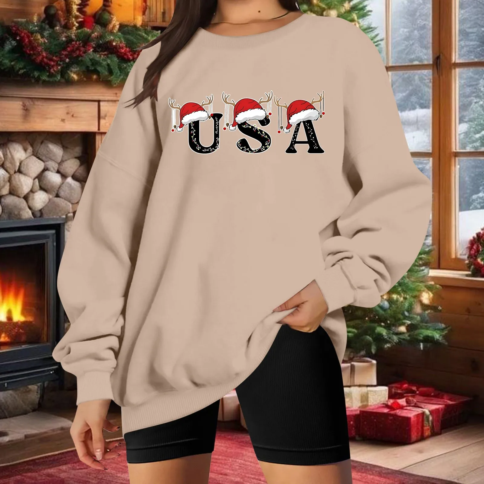 Women's Sweatshirt Casual Christmas Letter Print Top Crew Neck Long Button up Pullover Women Young Womens Hoodies Pullover