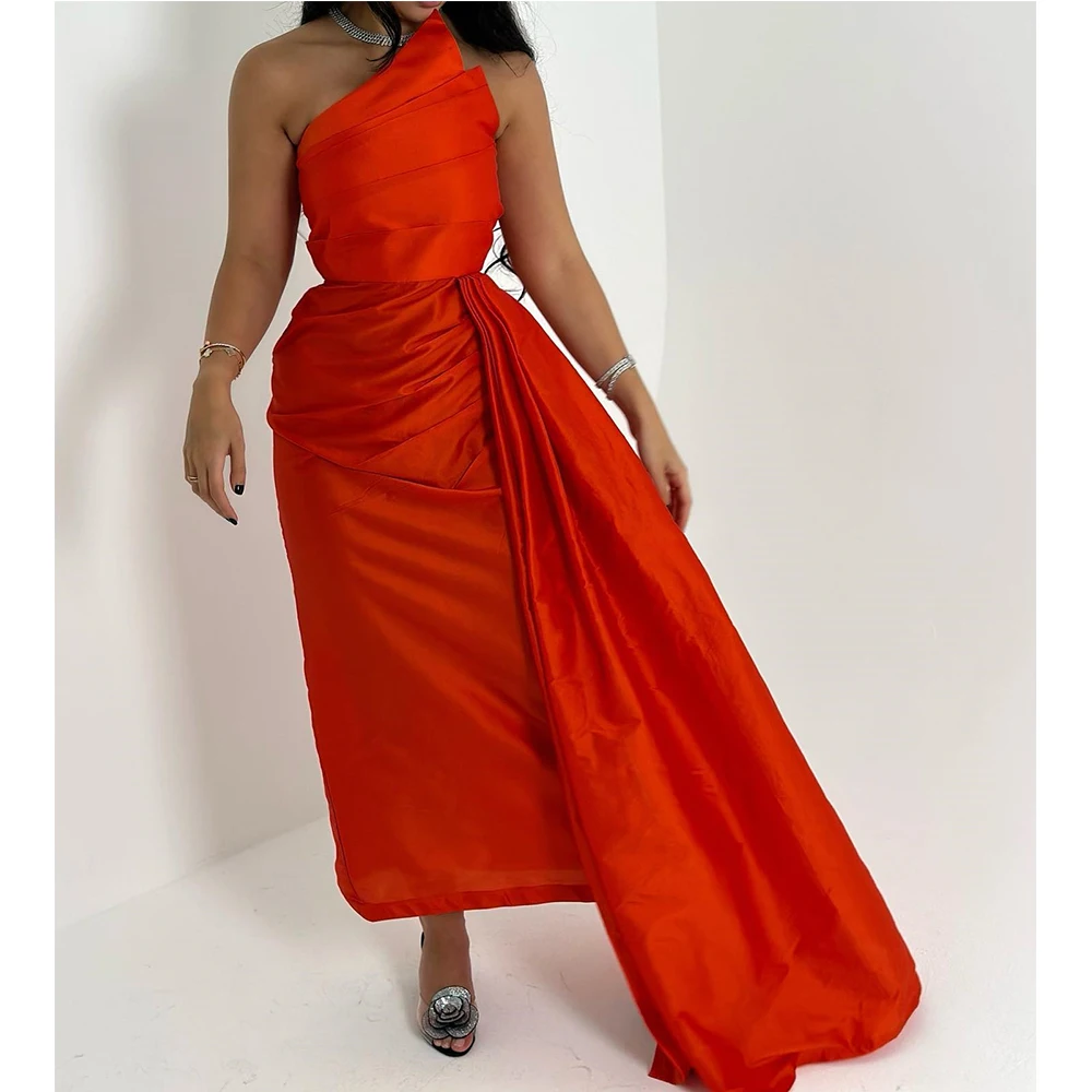 Classic Pleats Ankle Length Panel Train Asymmetrical Evening Dresses Fashion Straight Satin Party Gowns فساتين سهره نسائيه فخمة