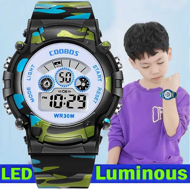 Relojes digitales militares deportivos para niños, reloj para estudiantes y niños, resistente al agua, alarma Led luminosa, reloj verde de camuflaje para niñas