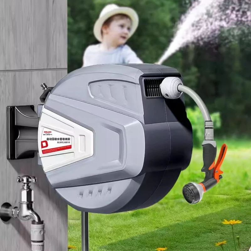 

Настенный самозаворачивающийся держатель для садового шланга, выдвижная катушка для хранения шланга, компактная стойка для полива