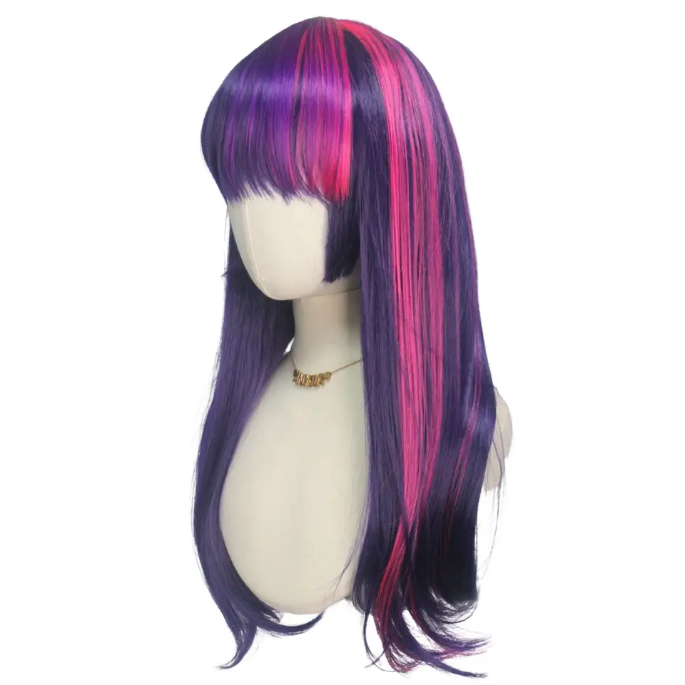 Peluca sintética de cabello lacio largo con flequillo prolijo, rosa y púrpura, fibra química, Twilight Sparkle, juego de roles, figura de pony animada 4