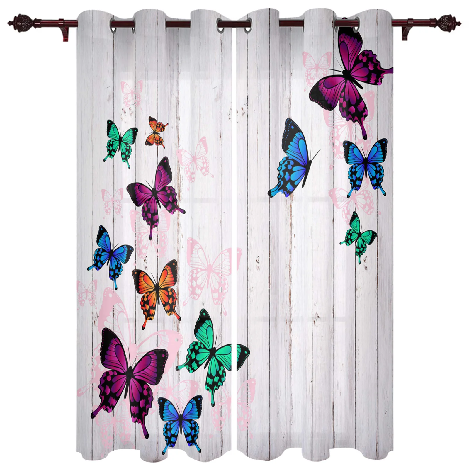 Wood Grain Retro Colorful Butterfly Curtains for Bedroom Living Room Drapes Kitchen Kid's Room Window Curtain Modern Home Decor