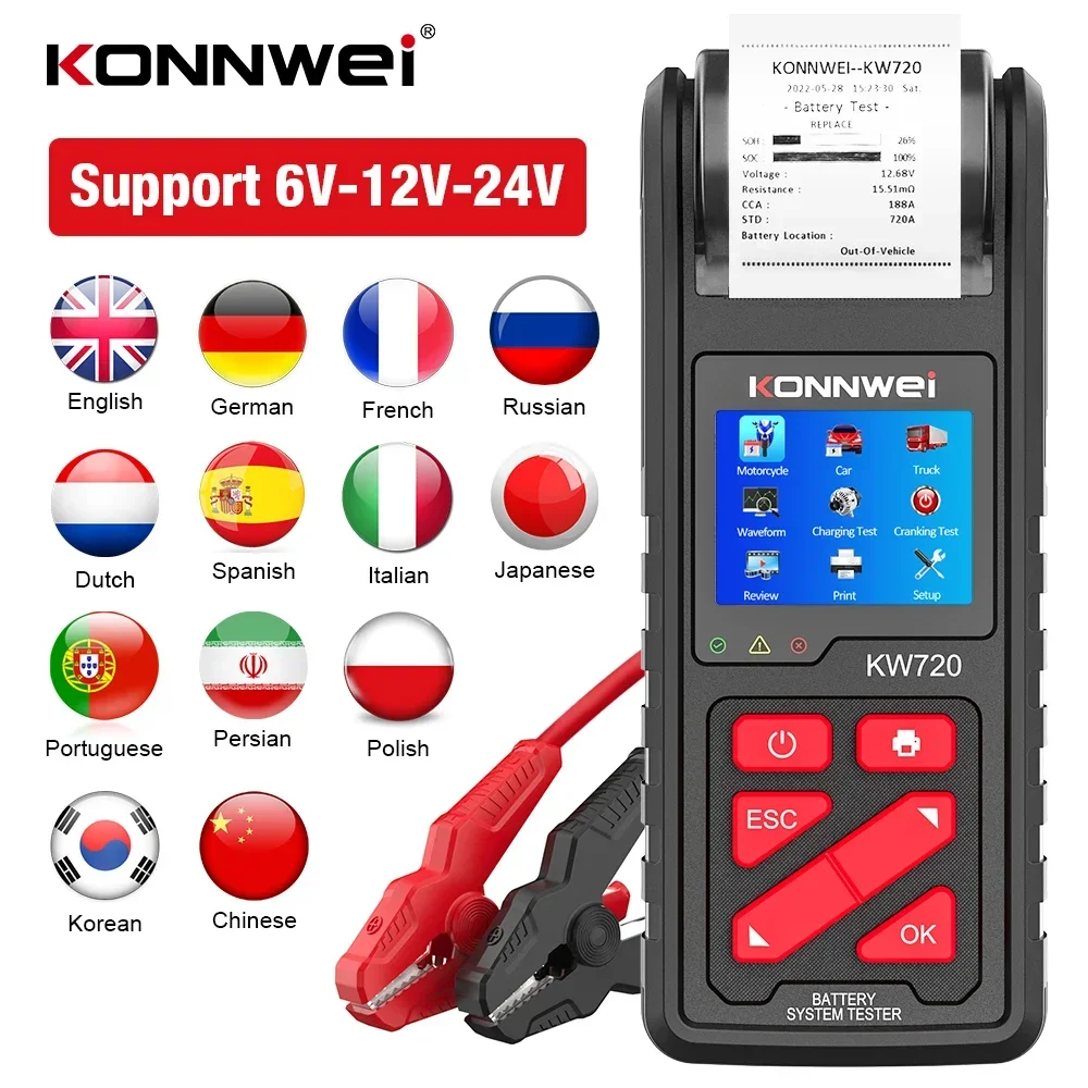 KONNWEI KW720 6V/12V/24V Truck Motorcycle Car Battery Tester Battery Analyzer Charging Cranking Test Tools with Built-in Printer