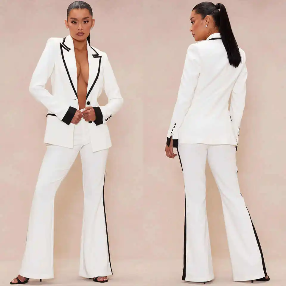 

Classic Tailered Women Suits Peak Lapel 2 Pieces Blazer Pants Color Blocking Two Buttons Simple Business Office Women Customized