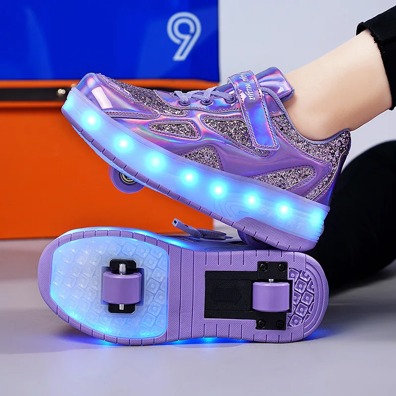 Children's Walking Shoes Kids Two Wheels Charging LED Light Shoes Colorful Light-emitting Roller Skate Shoe Teenagers Sneakers