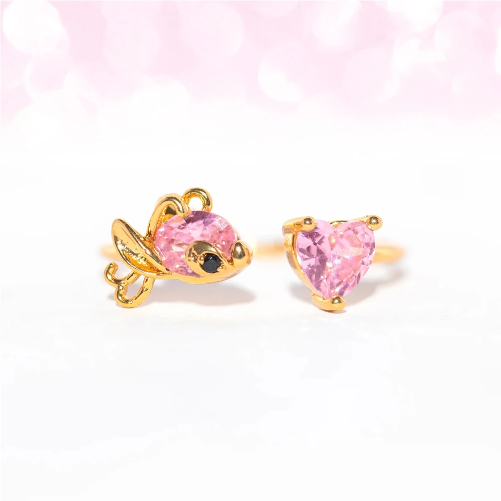 Cute Blue and Pink Zircon Open Fish Ring 18K Gold Plated Adjustable Ring For Women