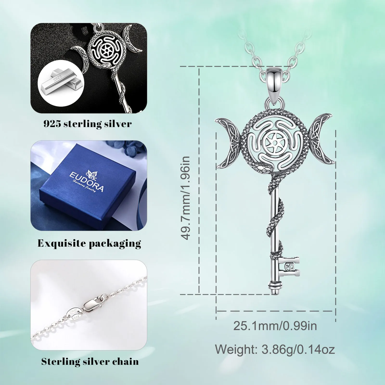 Eudora 925 Sterling Silver Hecate Triple Moon Goddess Necklace for Women Men Snake Key Amulet Pendant Pagan Wicca Jewelry Gift