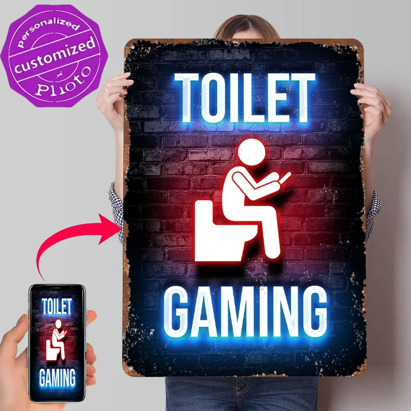 Toilet Mobile Gaming Printed Poster Customized Wall Art Retro Vintage Metal Tin Signs for Decoration Home Decor Accessories Room