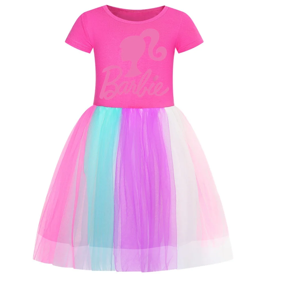 Kawaii Barbie Children Princess Dress Summer Anime Cartoon Kids Girls Lace Mesh Tutu Skirt Baby Birthday Party Dresses Gifts Toy