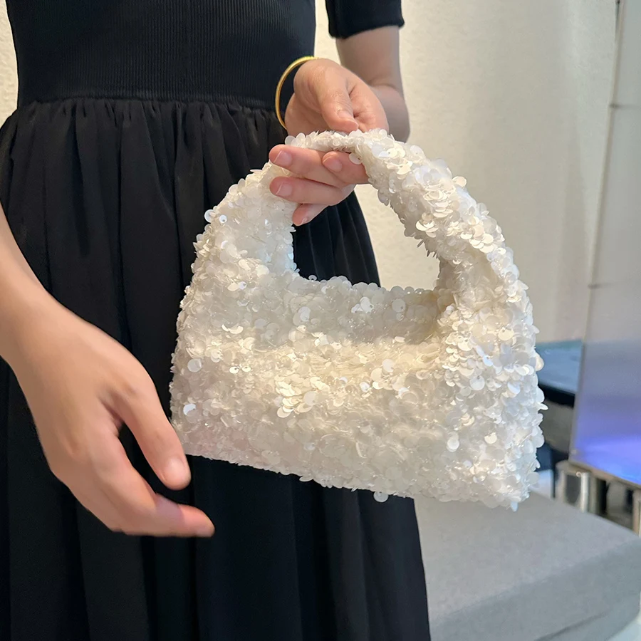 

Luxury White Sequined Party Purse Evening Bag Women Small Crescent Handbag Summer Satchel Female Versatile Beach Clutch Bolsa