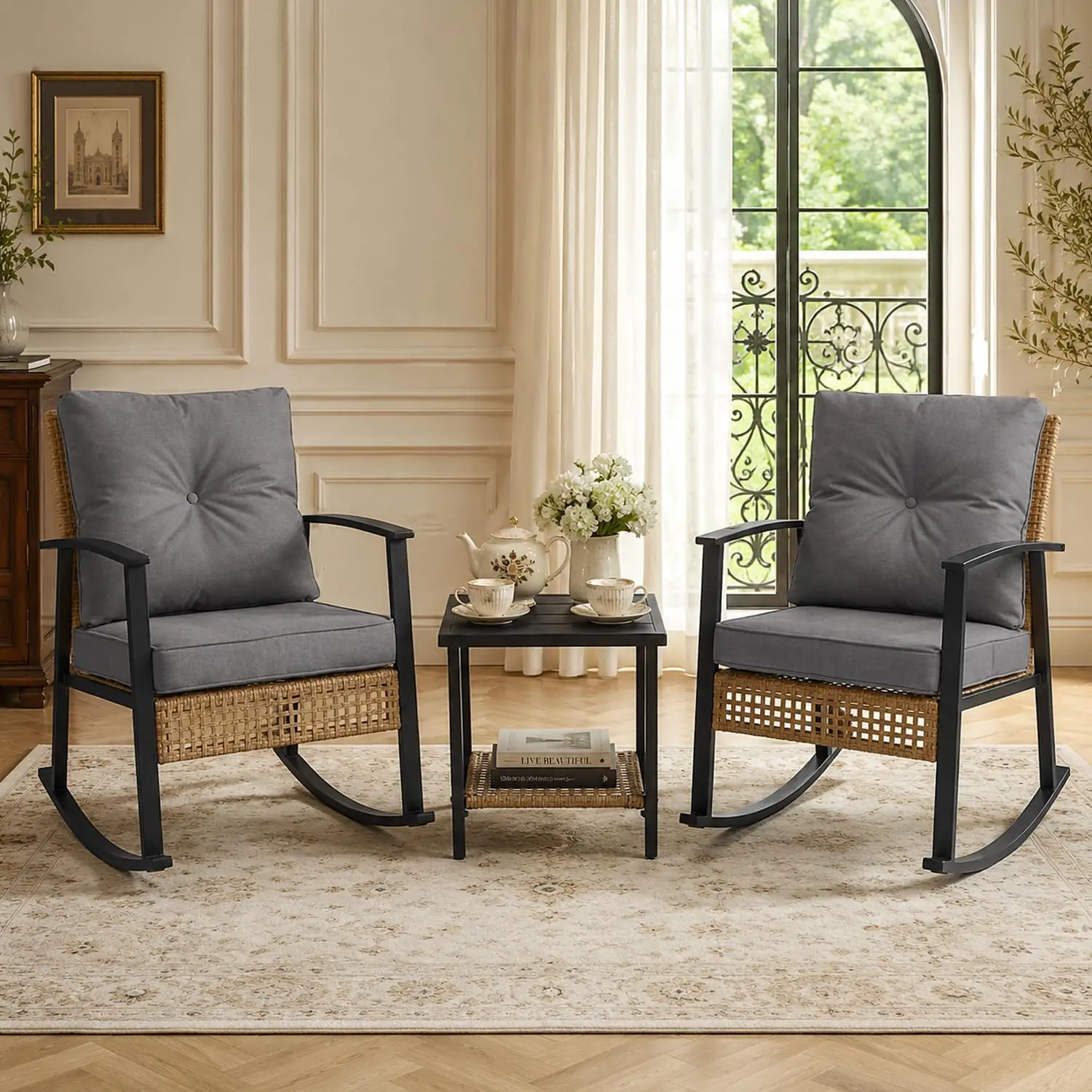 3 Piece Rocking Bistro Set, Outdoor Wicker Furniture With Thick Cushions & 2-Tier Table, All Weather Oversized , Customized