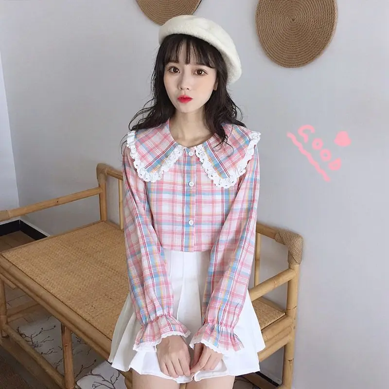 Japanisches langärmliges kariertes Hemd aus Baumwollleinen für Damen, lockeres Studentenhemd im neuen Stil, kleines, frisches und süßes Oberteil