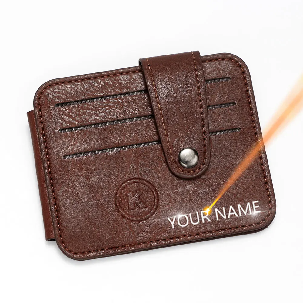 

Мужские кошельки с гравировкой имени, новый короткий держатель для карт, ретро-пряжка, тонкая портативная маленькая сумка для карт, мужские кошельки с зажимами для денег