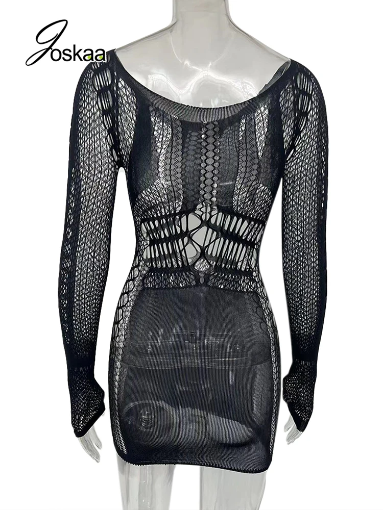 Joskaa Hollow Out Summer Dress Casual Women 2024 Fashion Beach Strench See Through Sexy Design Underwear Clubwear Dresses