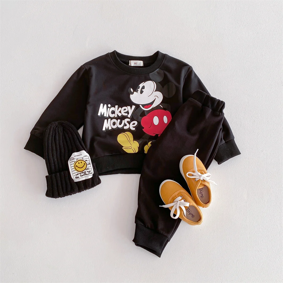 Disney Mickey Children\' Tracksuit Cartoon Fashion Loose Baby Girl Boy Long Sleeve Crewneck Hoodies + Pants Two Piece Set Clothes