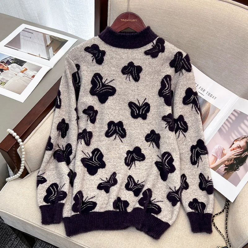 Women New Fashion Butterfly Elegant Wool Knitwear Autumn Winter Daily O-neck Loose Pullover Commute Thick Warm Soft Sweaters