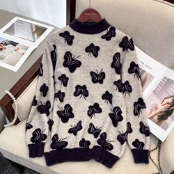 Women New Fashion Butterfly Elegant Wool Knitwear Autumn Winter Daily O-neck Loose Pullover Commute Thick Warm Soft Sweaters