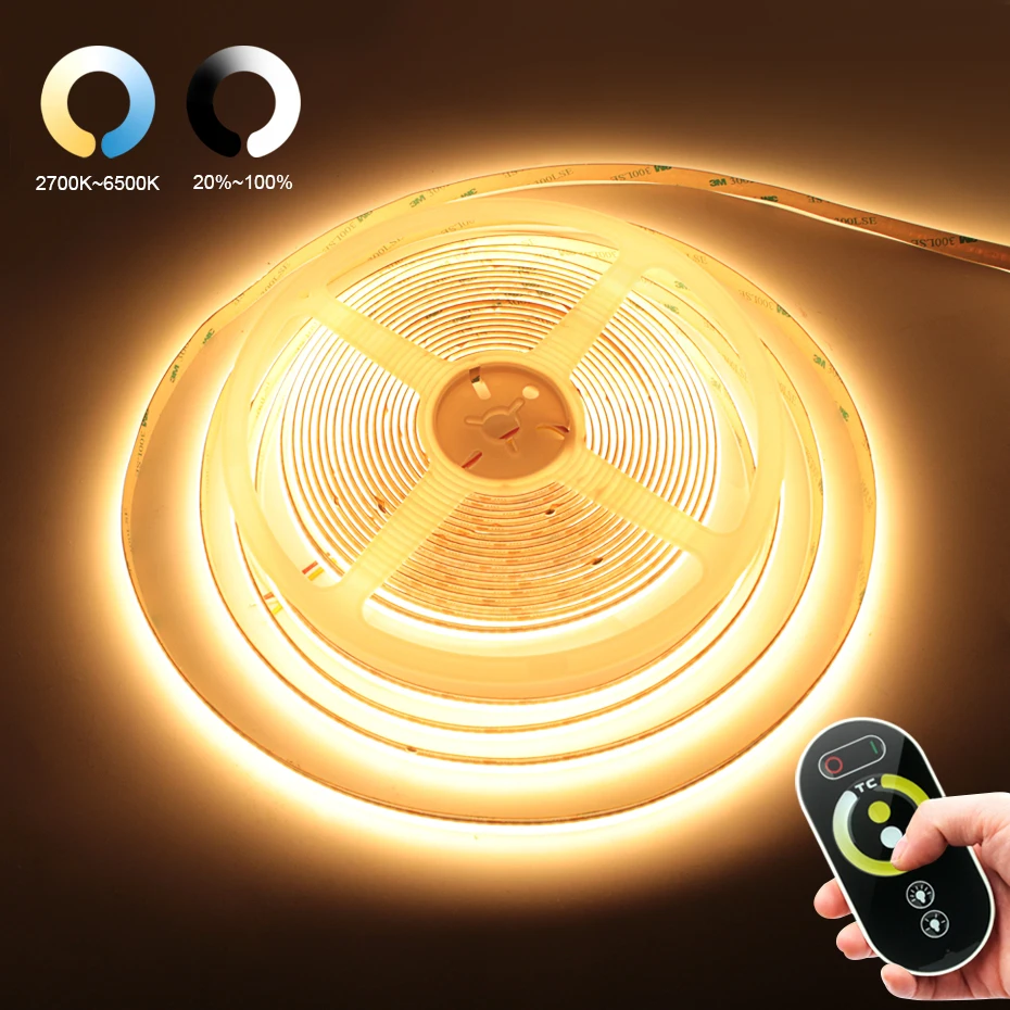 

2700K-6000K CCT COB Led Strip Light RF Control Dimmable LED Lights Tape DC 24V Adhesive Ribbon For Kitchen Backlight Lighting