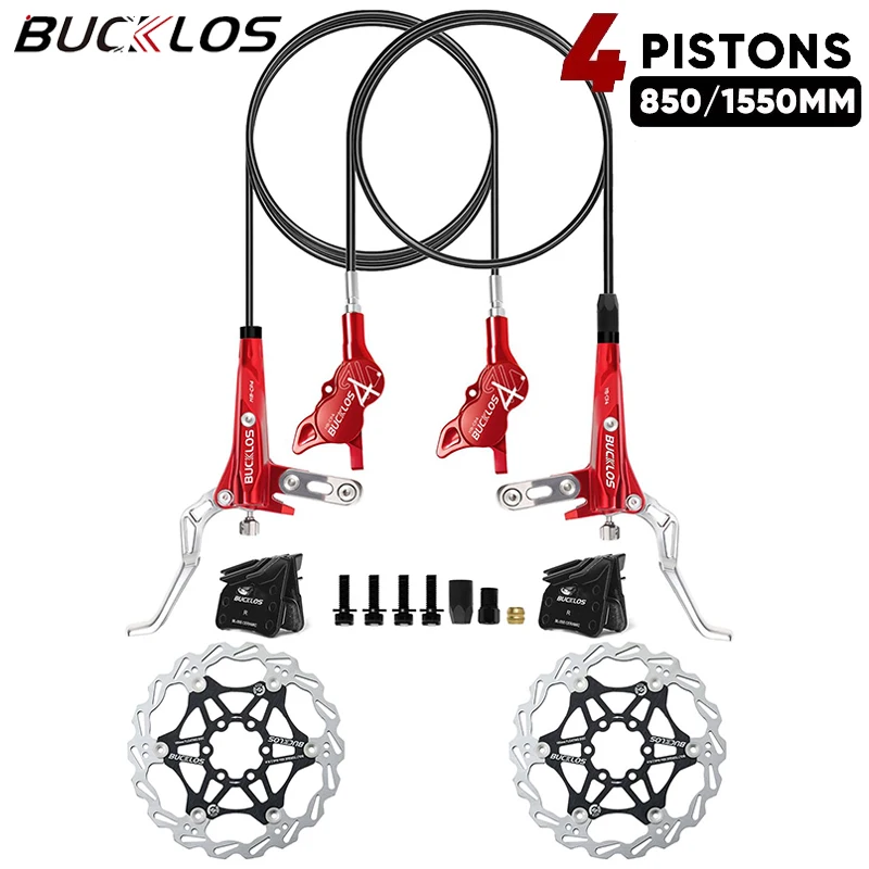 

BUCKLOS MTB Hydraulic Disc Brake Set 4 Pistons Front 800mm Rear 1550mm Hydraulic Brakes with 160mm Bike Floating Disc Rotors