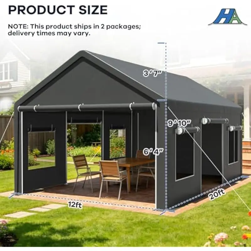 12x20 ft all-weather steel-frame canopy with removable mesh windows, zippered drive-through doors, triple-layer PE fabric, rust-