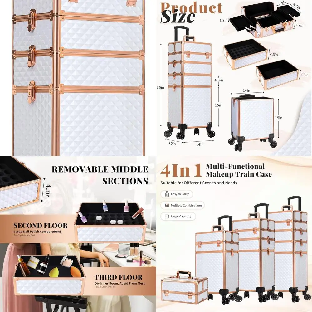 

4-in-1 Rolling Makeup Train Case with Large Storage, White, Ideal for Salon, Barber, and Travel