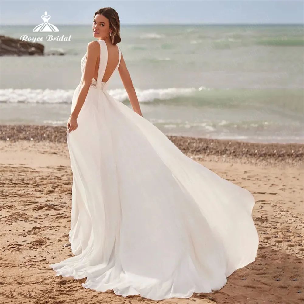 Elegante vestido de novia de línea A, gasa de encaje, cuello en V, sin mangas, clásico, lado de la playa, espalda abierta, tren de barrido, 웨레스 스