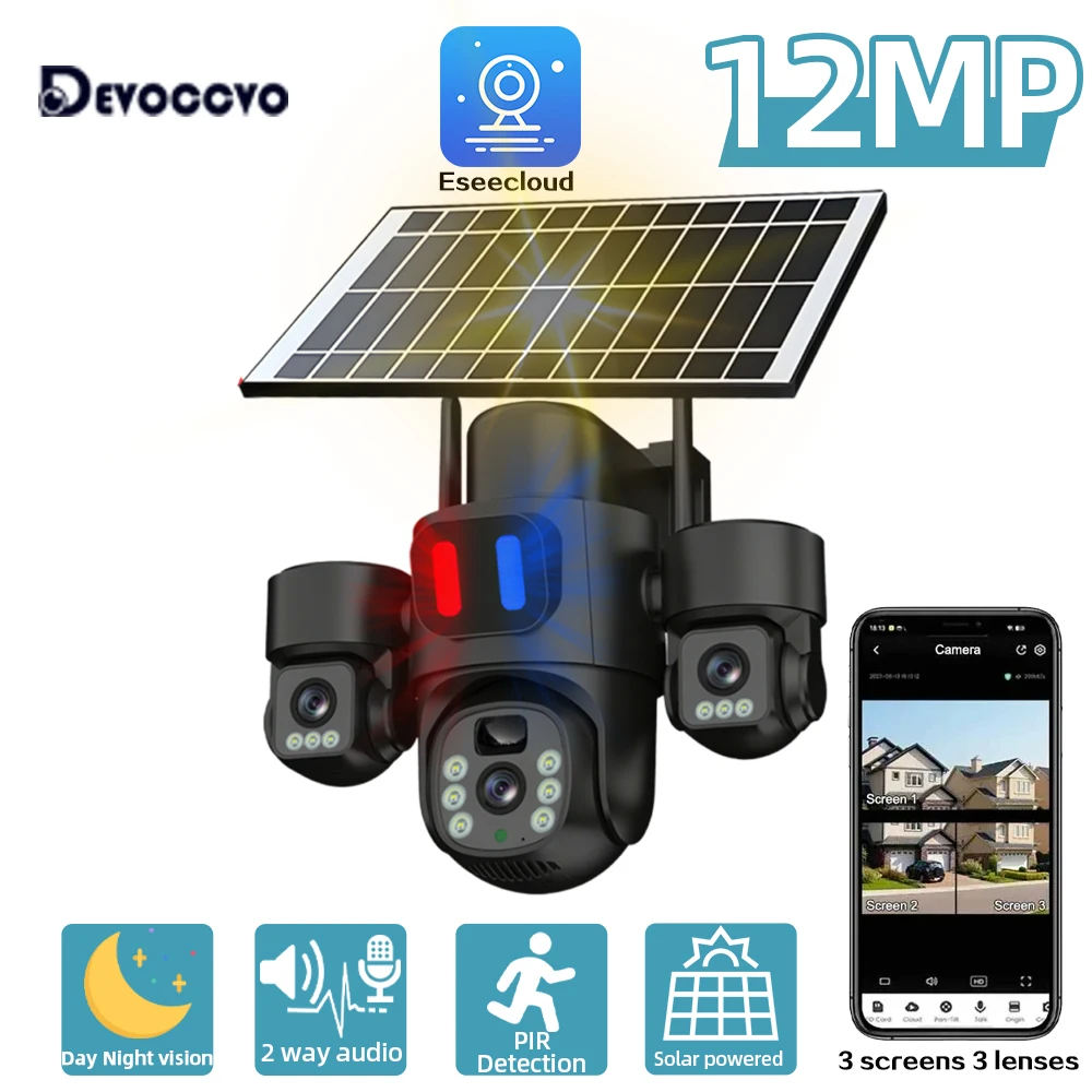 

12MP Three Lens Triple Screen WiFi PTZ Security Camera Solar-Powered Outdoor Wireless CCTV Video Surveillance Camera 2 Way Audio