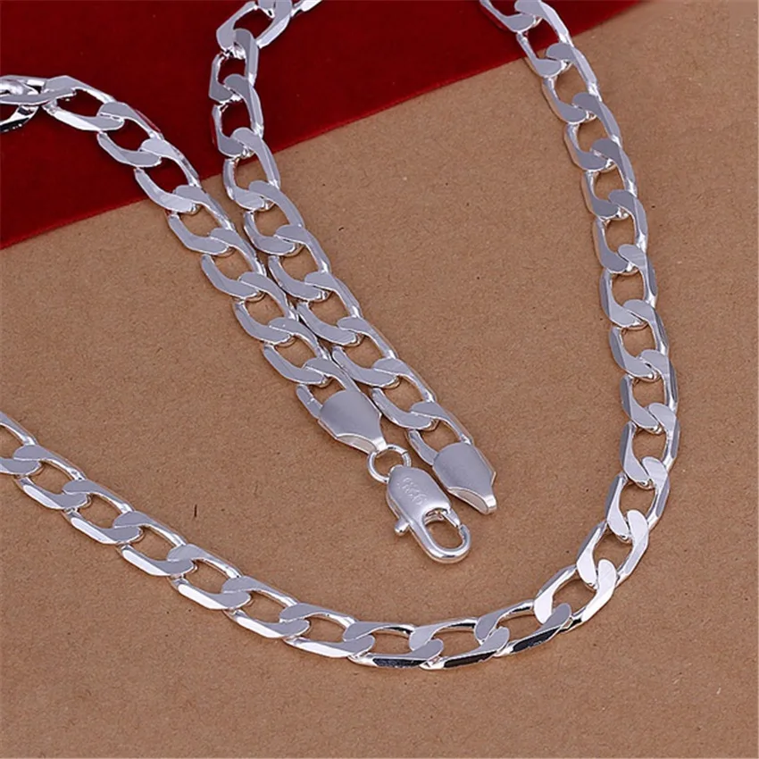 Mens 8mm Flat Sideways Refined Luxury Noble Ornate 925 Sterling Silver  Crystal Necklace Fashion Hot Selling Jewelry