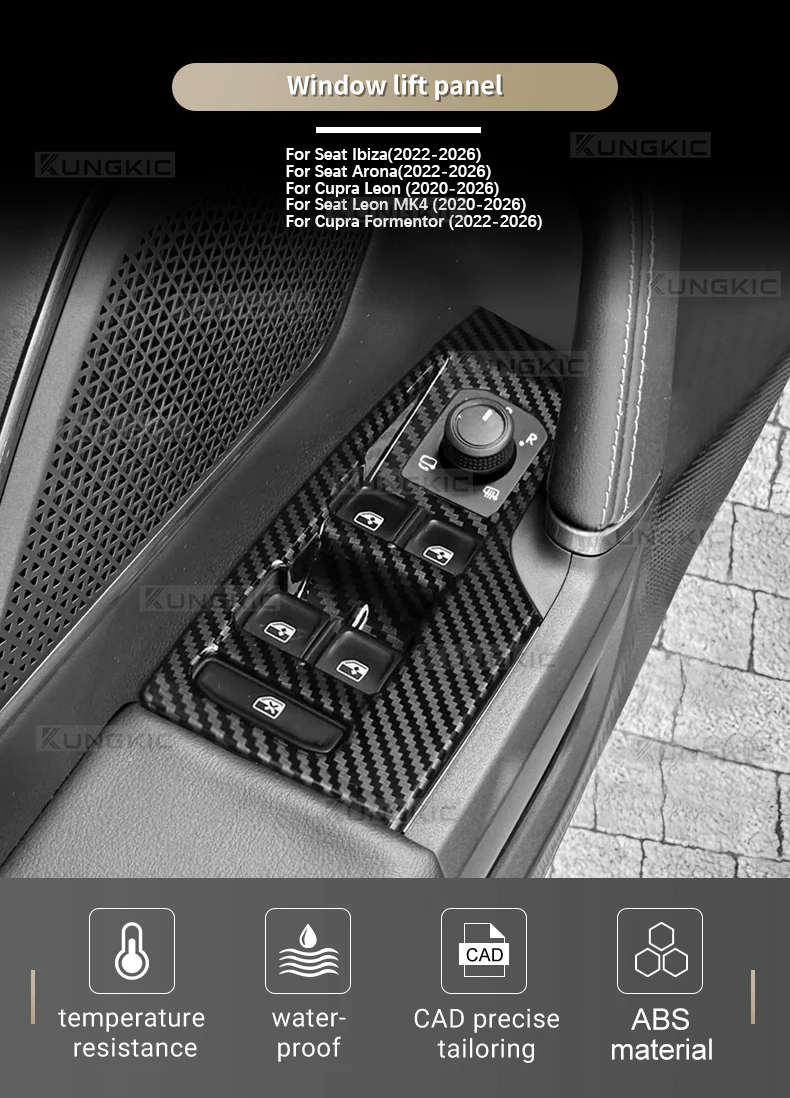 ABS-Kohlefaser für Seat Leon MK4/Cupra Leon/Cupra Formentor 2020-2026 / Ibiza/Arona 2022-2026, Zierleiste für die Fensterbedienung – Detail 1