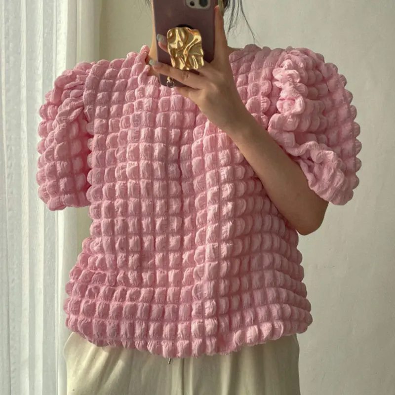 

Chic Summer Soft Versatile Loose Casual round Ne ort Sve Overhead irt Women's Top Bubble Sve Regular Length Pure ...