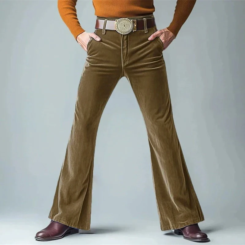 

Casual Mens Slim Fit Velvet Flared Trousers 2025 Spring Fashion Solid Color Wide Leg Flares Pants For Men Vintage Suit Trousers