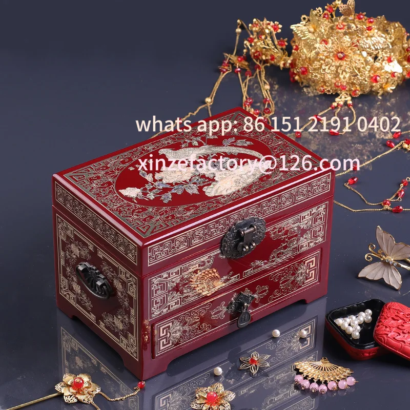 

Customizable Inlaid solid wood Pingyao ancient style wedding dowry snail box retro lacquer makeup gift copper wire jewelry stora