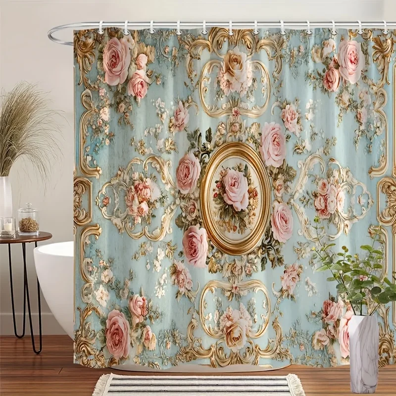 2D Flat, 2D Flat, 1pc Luxurious Vintage European Palace-Themed Shower Curtain with Floral Patterns; Features Golden Carved Decor