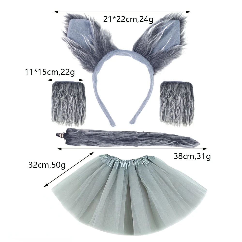 Girls Children Kids Animal Costume Wolf Tutu Skirt Ear Headband Tail Gray