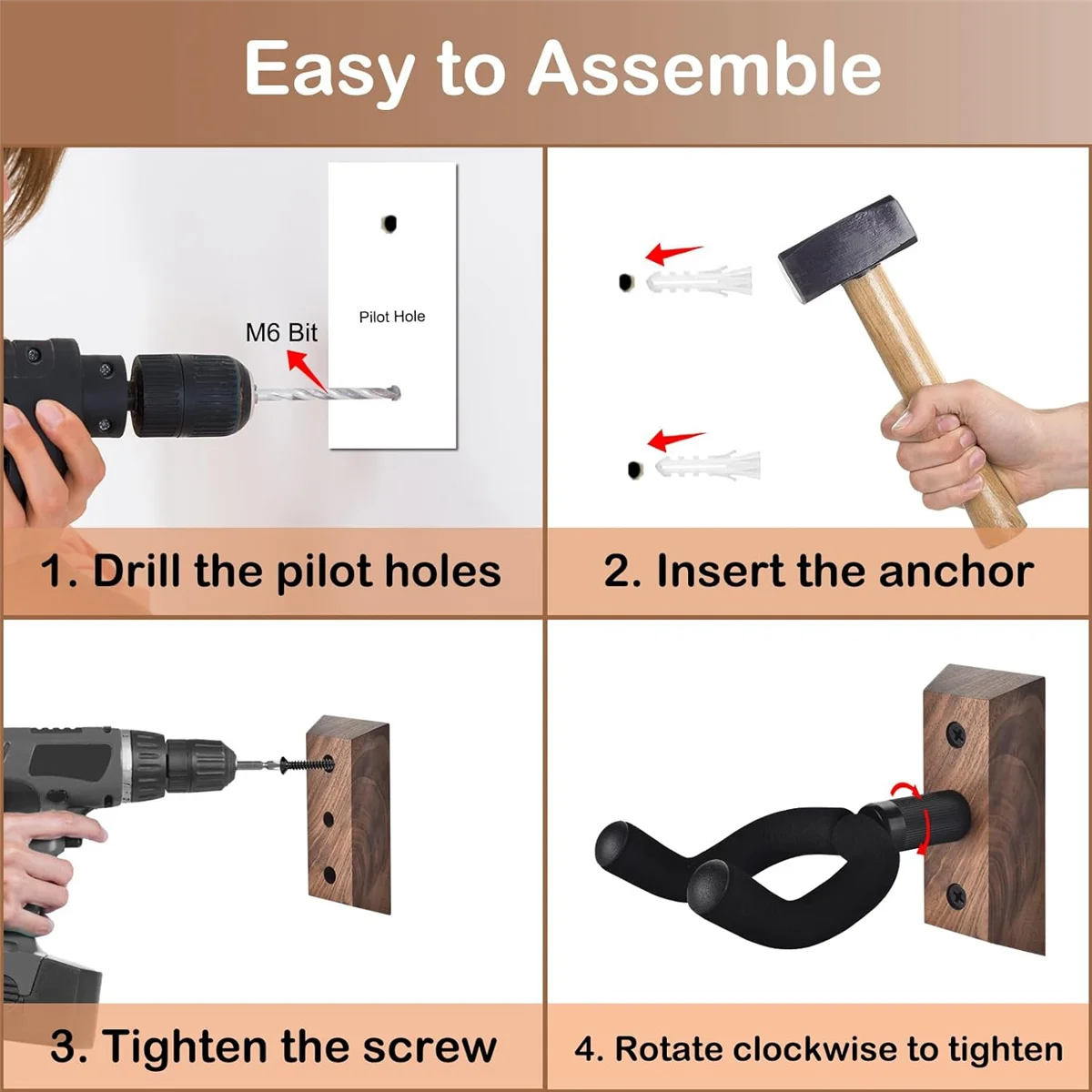 AA87C 4 Uds soporte de pared para guitarra, gancho para guitarra, colgador de guitarra en forma de U de nogal soporte de montaje en pared para guitarra acústica, eléctrica, bajo