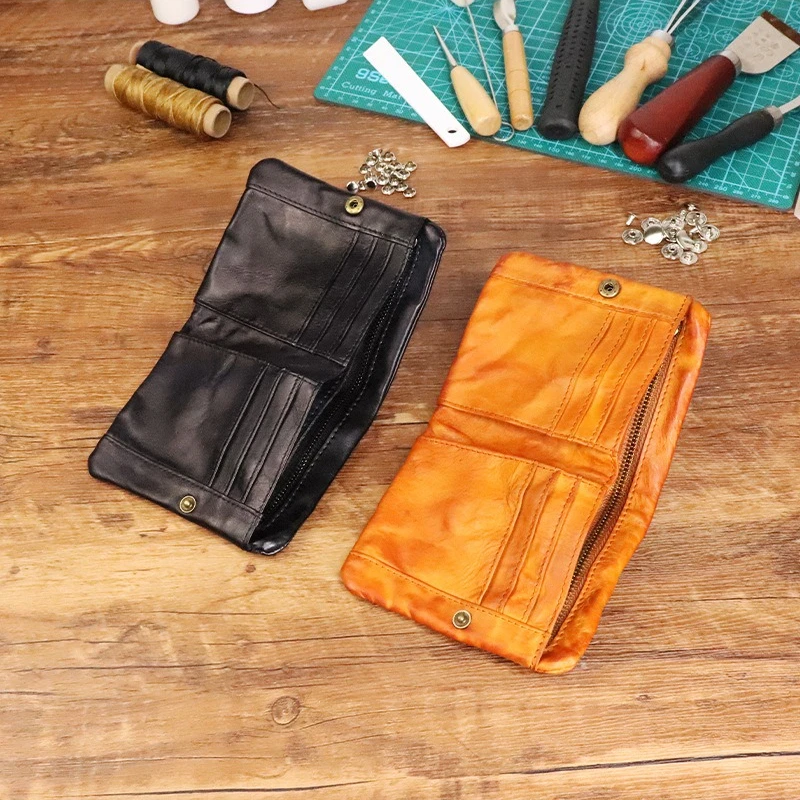 

Hand-rubbed color plant tanned cow leather wallet retro old youth multi-buckle vertical multi-function wallet