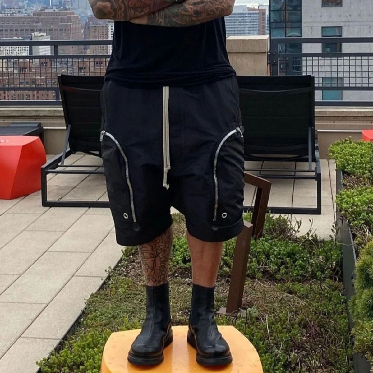 American Style Pure Color Functional Workwear Shorts Men's Trendy Loose Straight Leg mid Waist Design Casual Five-Quarter Pants