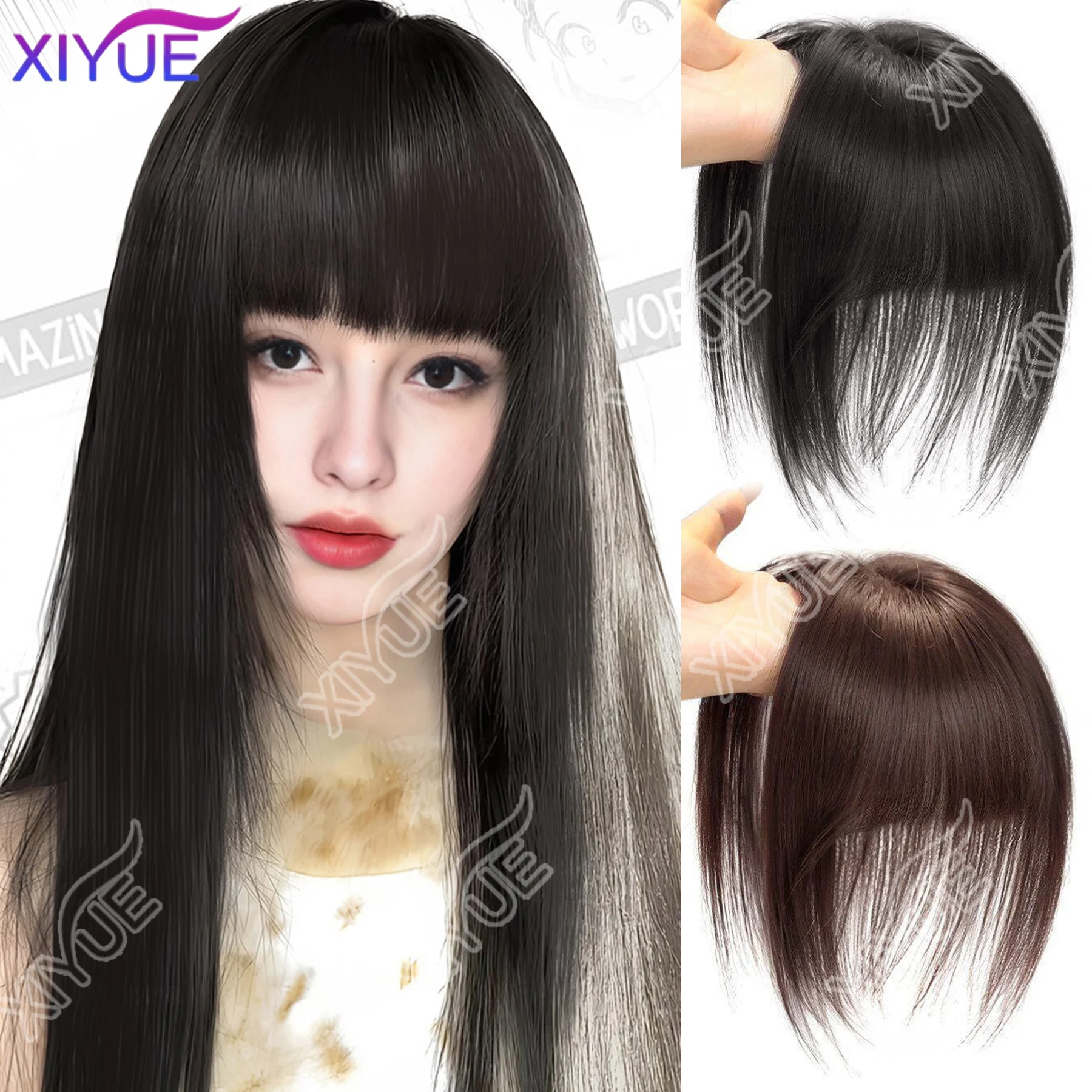 XIYUE Topper de Cabello Sintético con Flequillo Invisible 3D, Postizo de Cabello, Cierres Superiores para Mujer