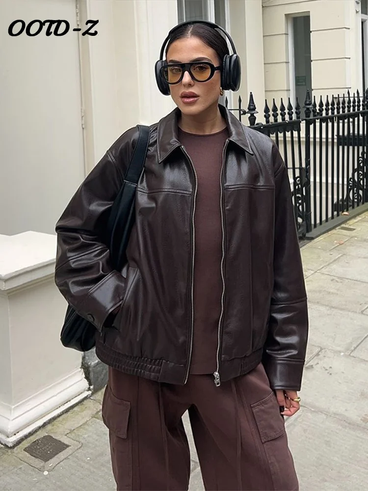 معطف جلد أنيق المرأة عادية فضفاض التلبيب سحابات جيب كم طويل سترة الإناث 2025 الربيع شارع العليا سيدة أبلى