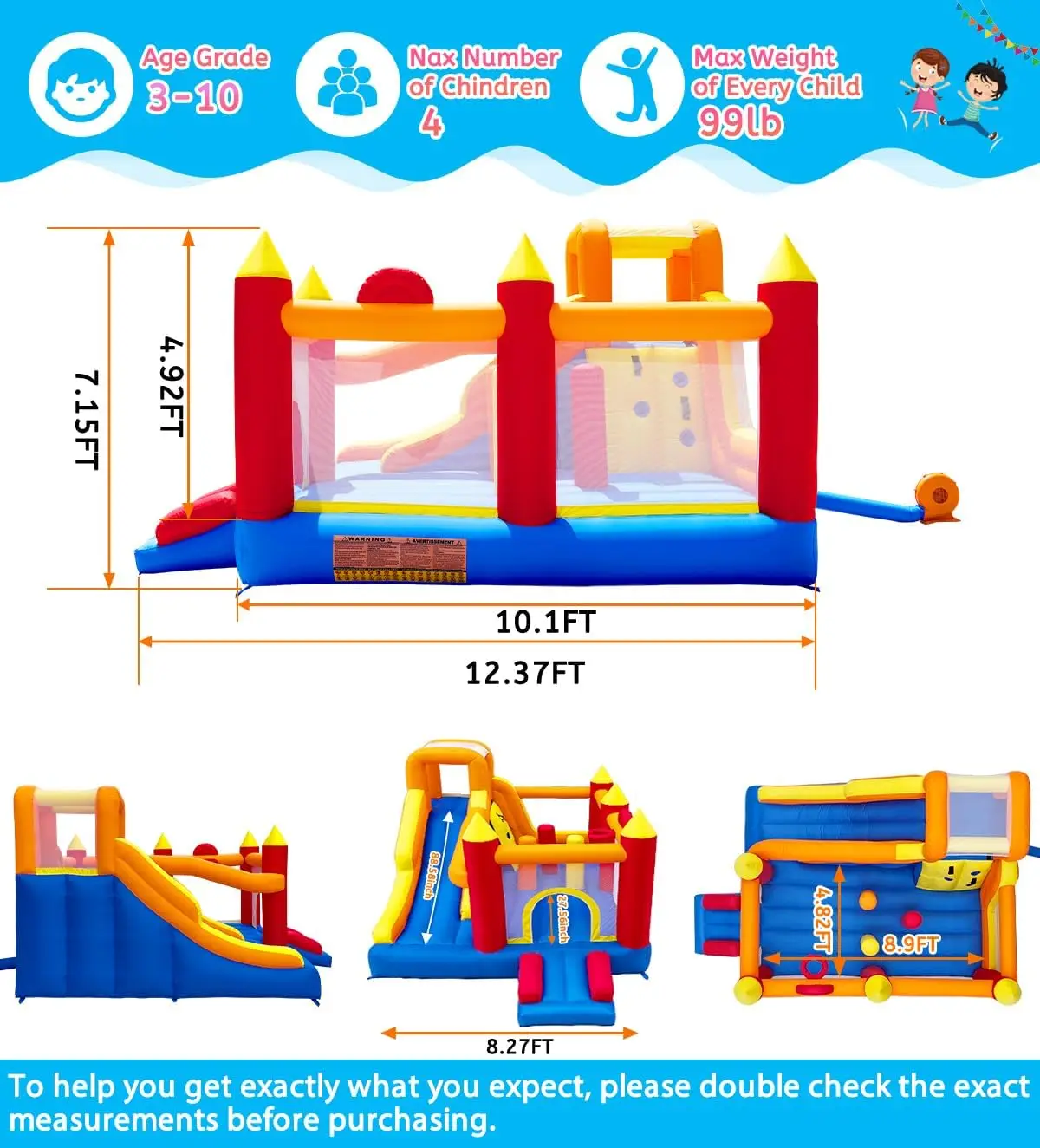 Inflatable Bounce House for Kids with Oversized 8.98x4.82 Ft Jump Area 88'' Extra-Long Slide Climbing Wall Obstacle Course