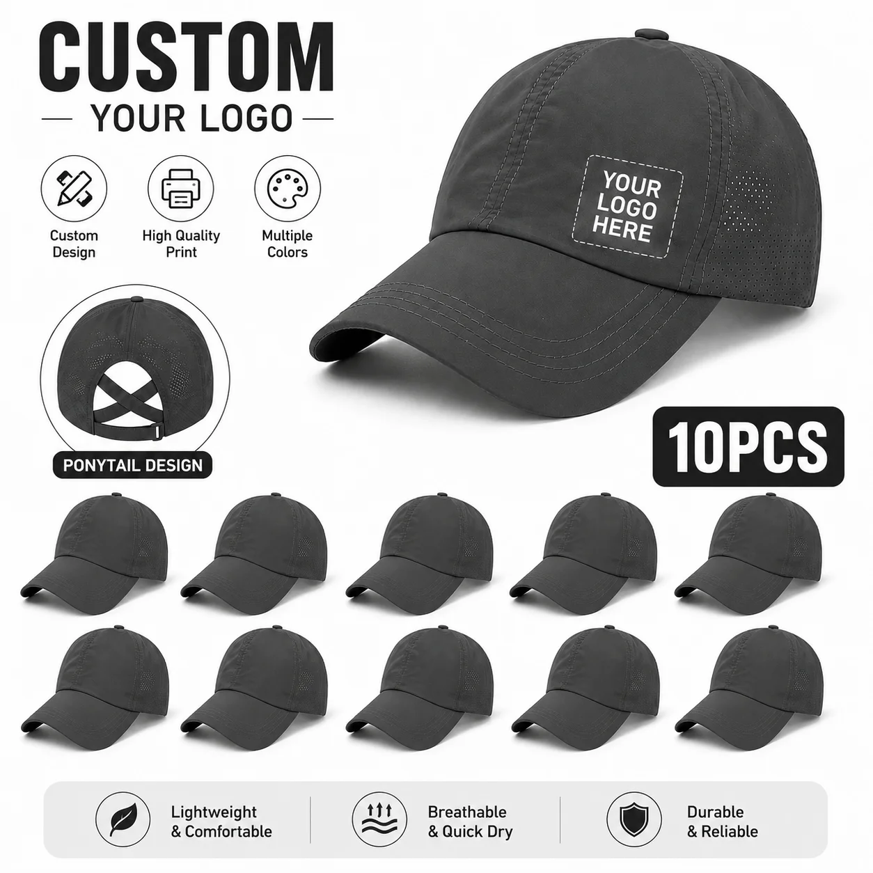 10pcs Mesh Baseball Cap Customizable Logo/Photo Adjustable Trendy Outdoor Cap for Running/Hiking/Adventure