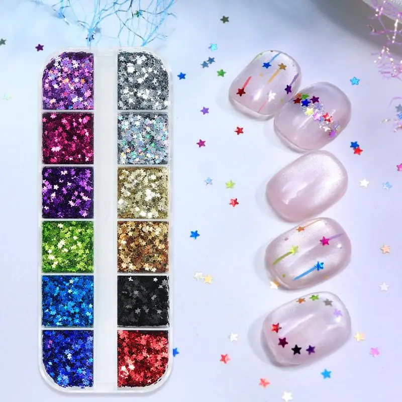 12 Grids/Box 3D Mini Star Nail Glitter Sequins 2mm Holographic Love Pentagram Flakes Sparkling Nail Art Decorations Paillettes