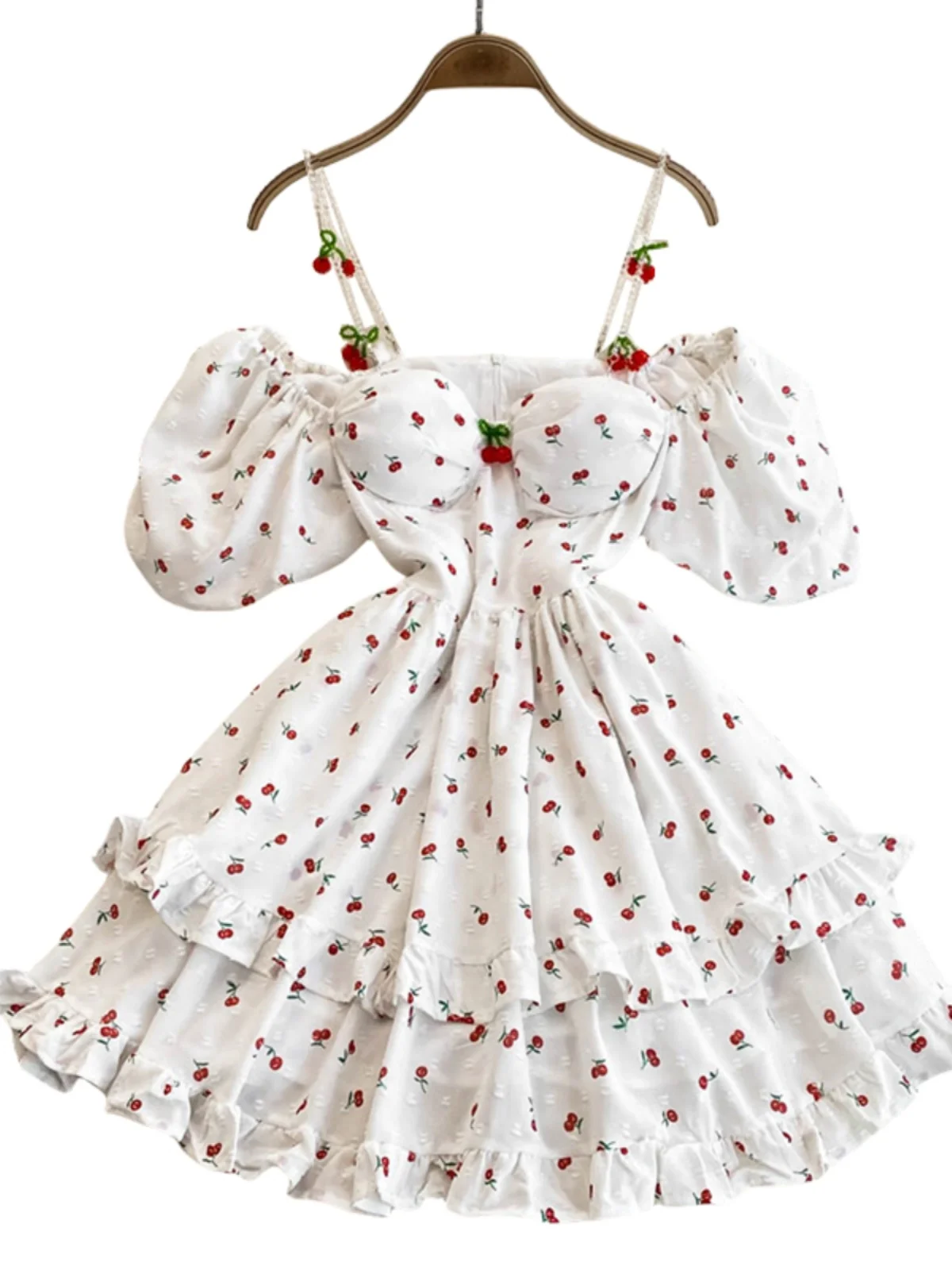 Vestido Curto Off-oulder com Estampa de Cereja para Mulheres, Verão, Cintura Alta, Saia em Camadas, Estilo Coreano, Manga B...