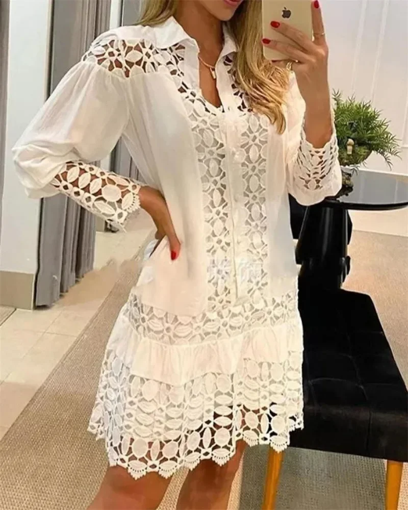 

Spring Summer Long Sleeve For Women's Dresses Solid Color Lace Splicing Fashion Cutout Shirt Elegant Female Loose Dress Y2k