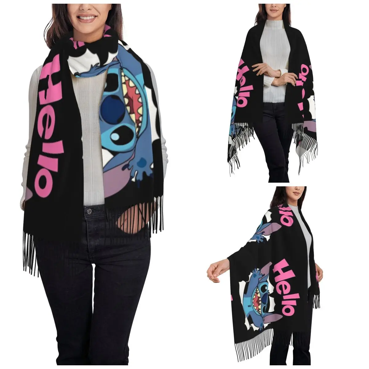 Lilo & Stitch Hello sjaal voor dames winter herfst Pashmina sjaals en wrap cartoon schattige grote sjaals met kwastje dagelijks gebruik