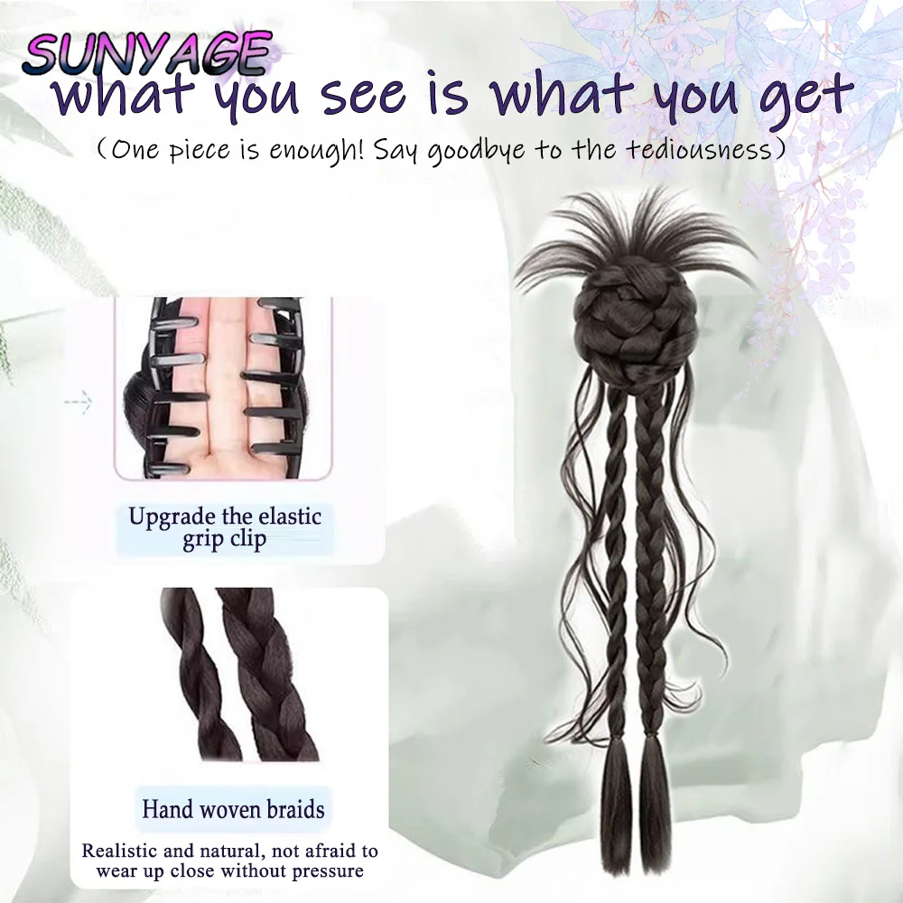 合成ロングブレイドポニーテールナチュラルヘアエクステドラゴンビアードフラワーバッドヘッドクロウクリップスタイルふわふわお団子ヘアウィッグ女性用