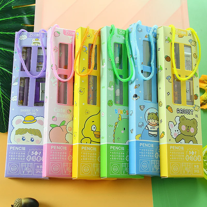 5Pcs/set Kawaii School Supplies Children's Pencils Cute Stationery Set Pencil Sharpener Erasers for Student Gift