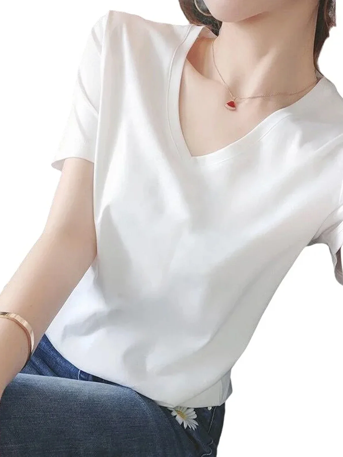 Pop Women's Cool-feeling V-neck Pure Cotton Short-sleeved Top With Regular Shoulders For Summer